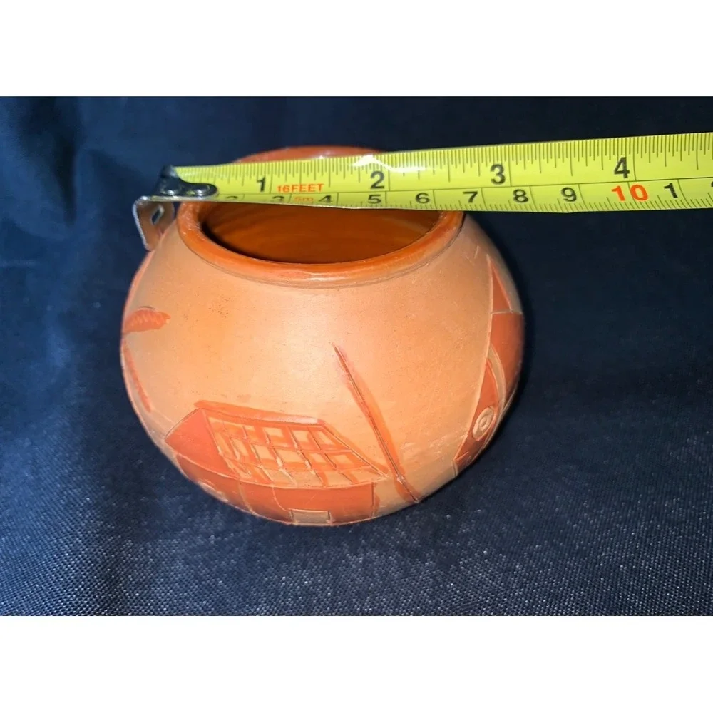 Hand Carved Terra Cotta Sgraffito Bud Vase Tropical Folk Art Bird Fish 3 inch